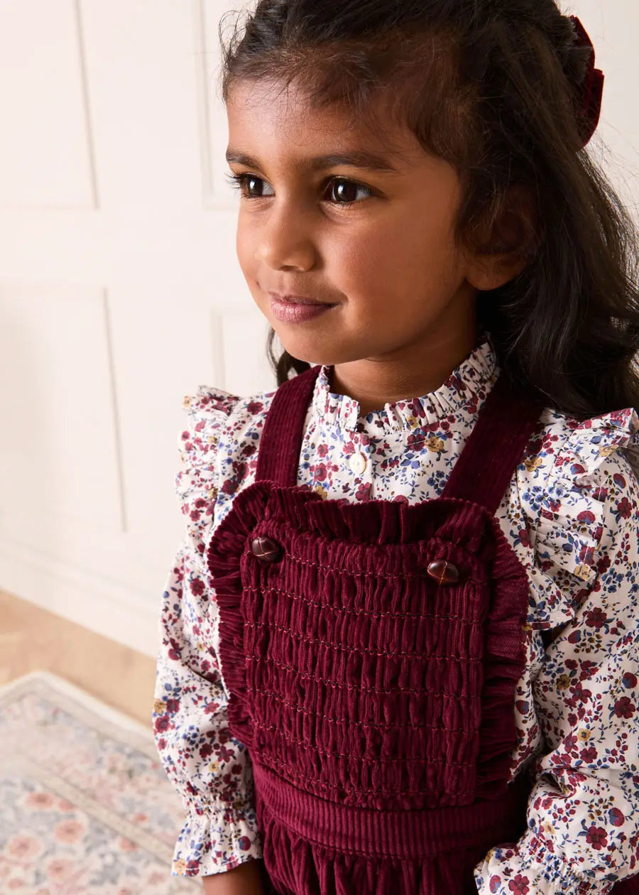 Louisa Floral Ruffle Trim Long Sleeve Blouse in Burgundy (4-10yrs) Blouses from Pepa London US