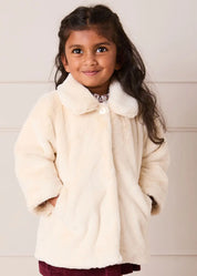Faux Fur Pocket Detail Nellie Floral Lined Coat in Cream (2-10yrs) Coats from Pepa London US