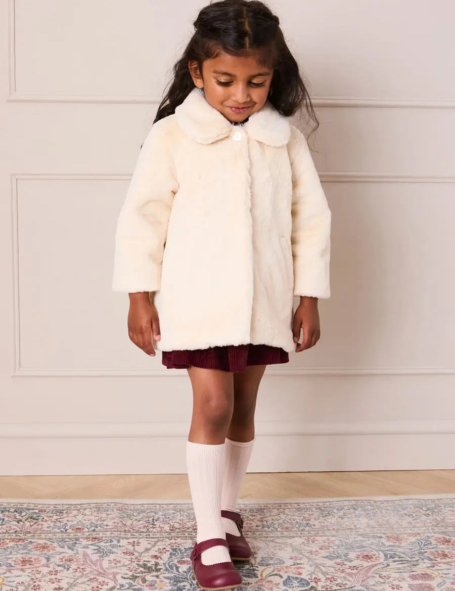 Faux Fur Pocket Detail Nellie Floral Lined Coat in Cream (2-10yrs) Coats from Pepa London US