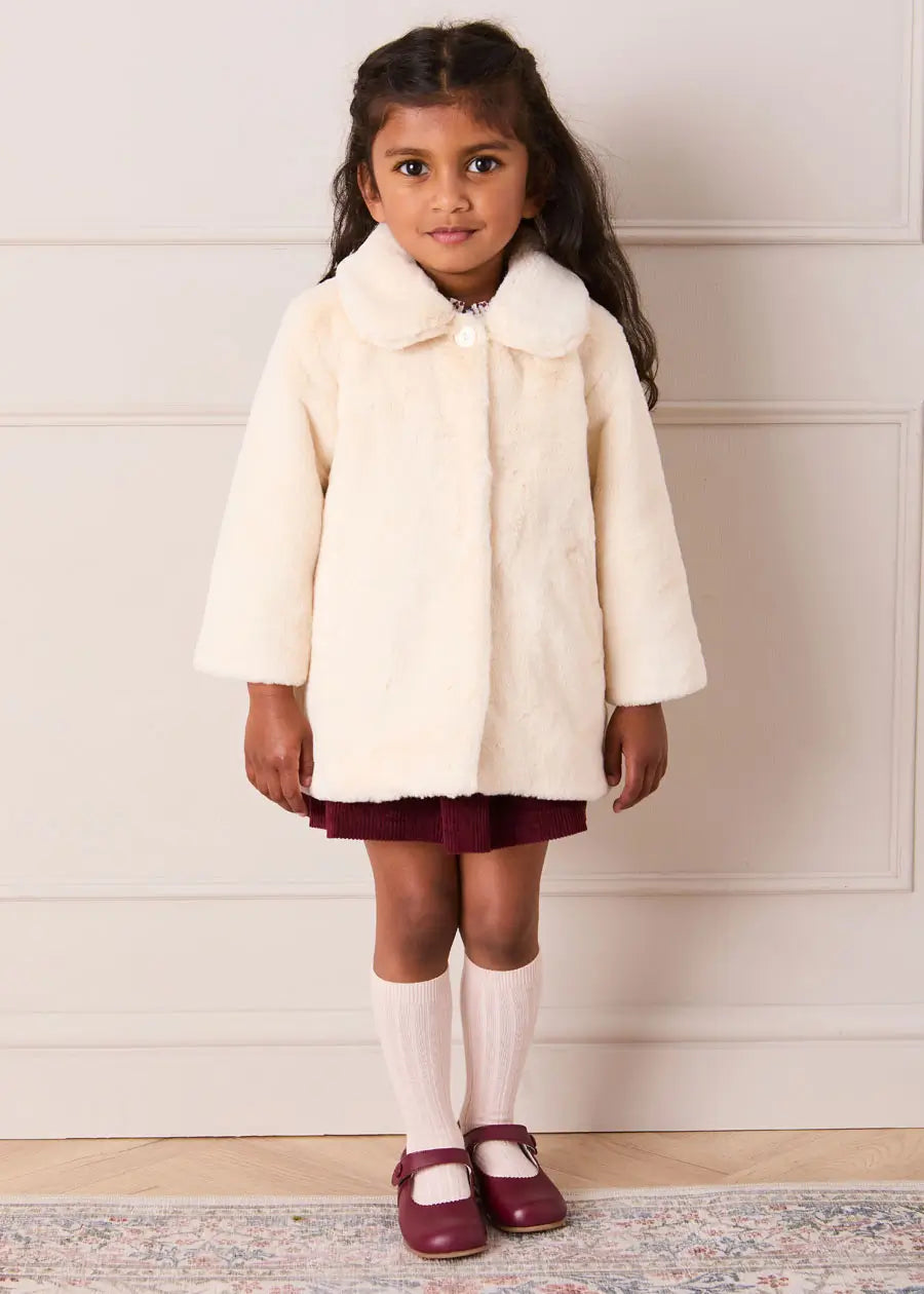 Faux Fur Pocket Detail Nellie Floral Lined Coat in Cream (2-10yrs) Coats from Pepa London US