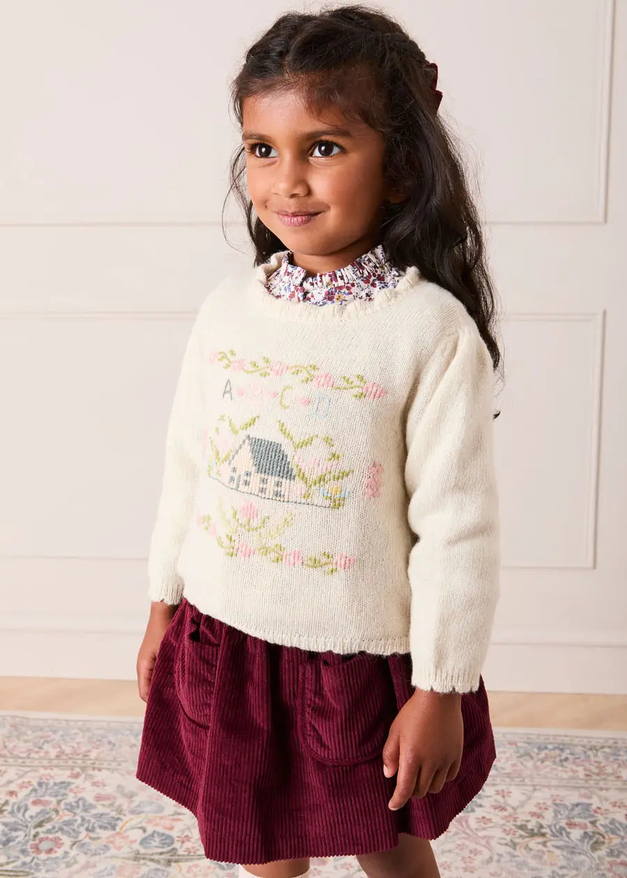 Alpaca Wool Cottage Cross Stitch Embroidered Jumper in Cream (6mths-4yrs) Knitwear from Pepa London US