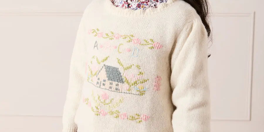 Alpaca Wool Cottage Cross Stitch Embroidered Jumper in Cream (6mths-4yrs) Knitwear from Pepa London US