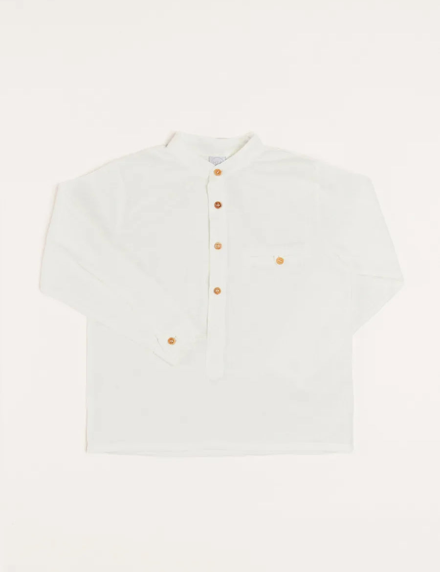 Linen Mao Collar Long Sleeve Shirt in White (12mths-10yrs) Shirts from Pepa London US