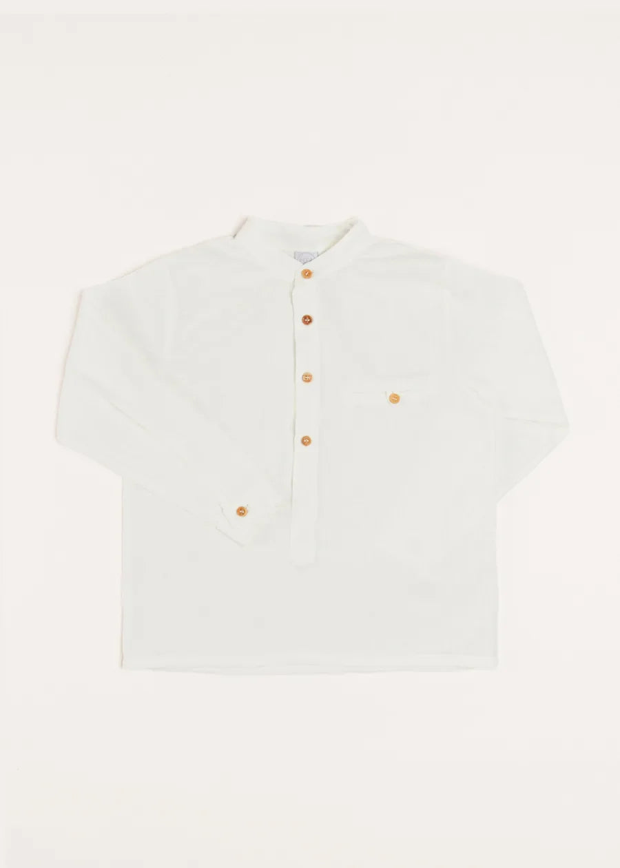 Linen Mao Collar Long Sleeve Shirt in White (12mths-10yrs) Shirts from Pepa London US