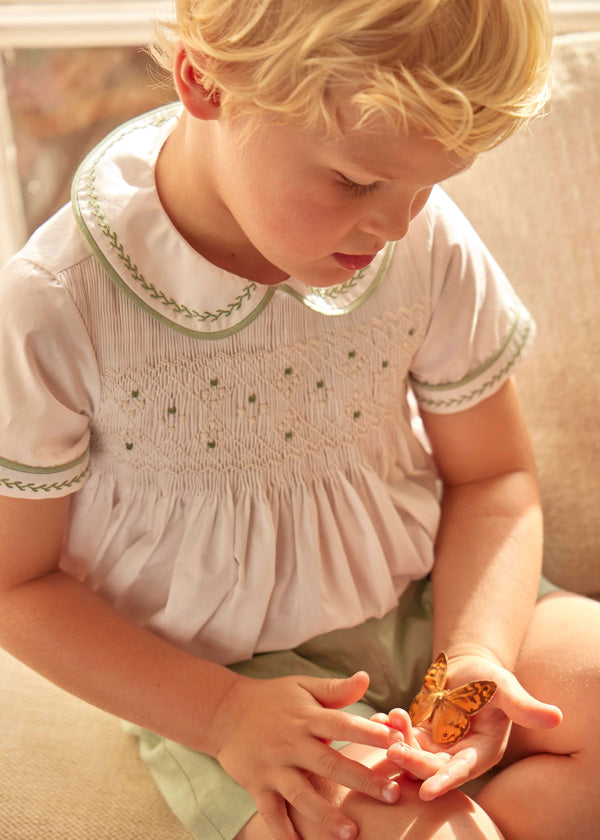 Hand Smocked Peter Pan Collar Short Sleeve Two Piece Set in Green (18mths-6yrs) Two Piece Set  from Pepa London US