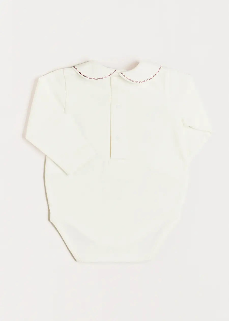 Embroidered Peter Pan Collar Long Sleeve Bodysuit in Burgundy (1mth-3yrs) Tops & Bodysuits  from Pepa London US