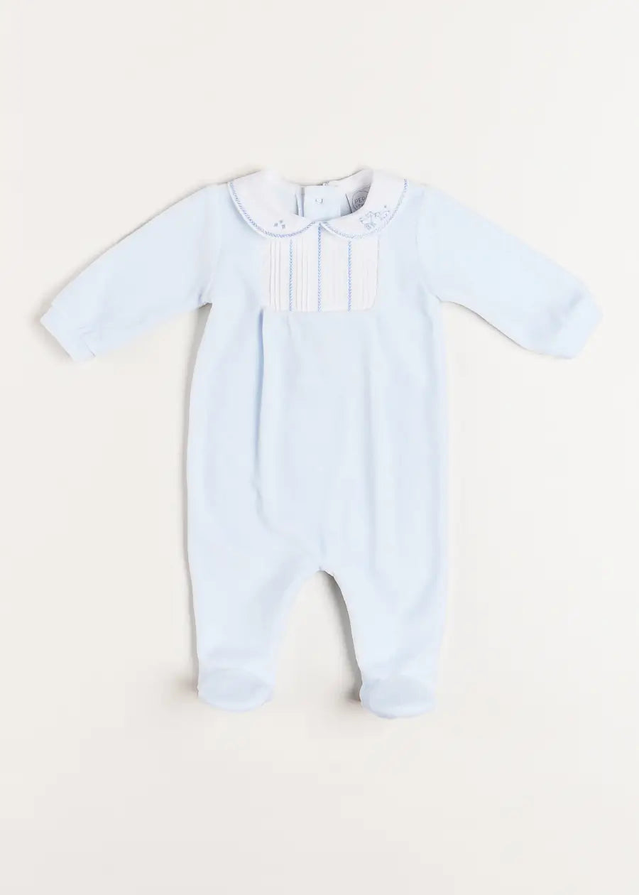 Velour Peter Pan Collar All-In-One in Blue (1mth-12mths) Baby One-Pieces  from Pepa London US