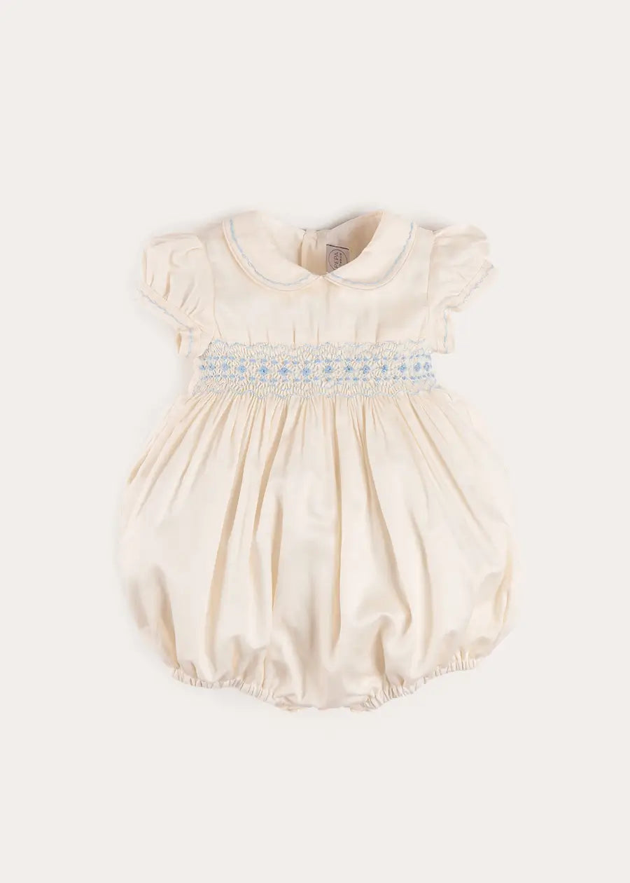 Classic Off-White Blue Hand Smocked Romper (3-18mths) ROMPERS from Pepa London