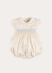 Classic Off-White Blue Hand Smocked Romper (3-18mths) ROMPERS from Pepa London