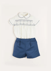 Hand Smocked Short Sleeve Two Piece Set in Royal Blue (18mths-5yrs) Two Piece Set  from Pepa London US