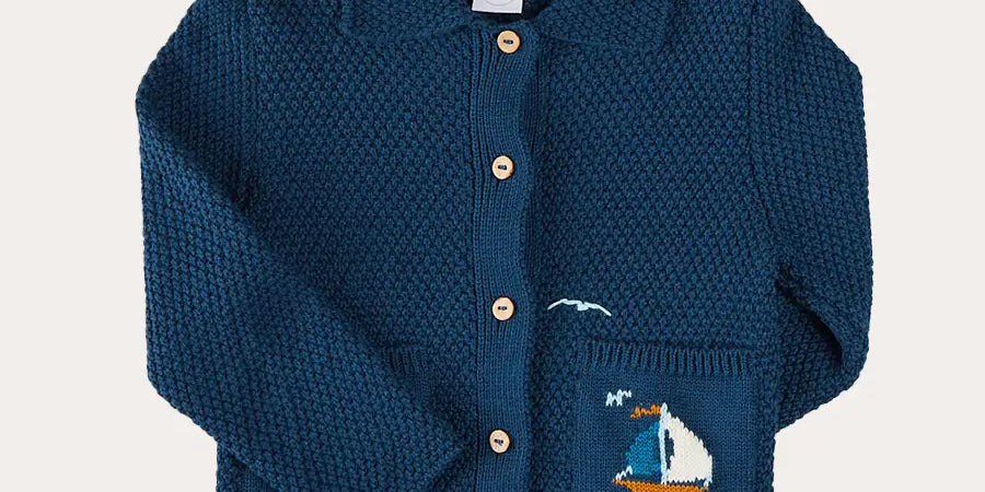 Nautical Boat Embroidery Polo Collar Cardigan in Blue (12mths-6yrs) Knitwear from Pepa London US