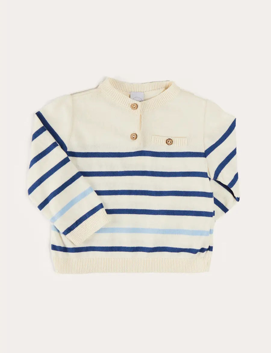 Striped Crewneck Button Detail Jumper in Blue (12mths-10yrs) Knitwear from Pepa London US