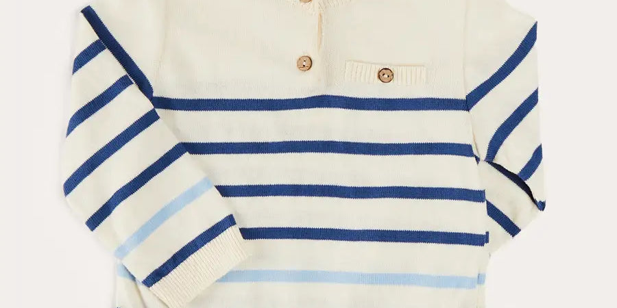 Striped Crewneck Button Detail Jumper in Blue (12mths-10yrs) Knitwear from Pepa London US