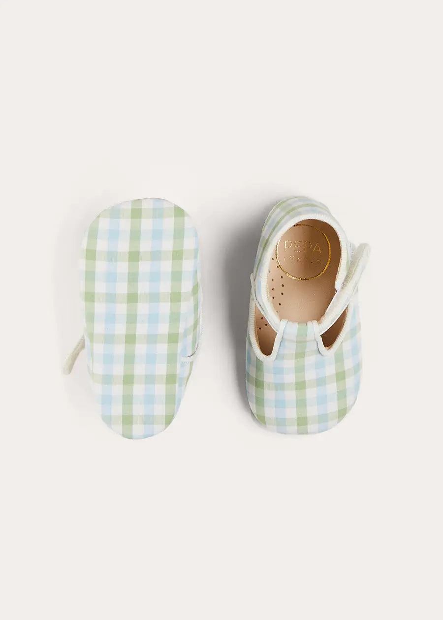 Maxwell Gingham T-Bar Pram Shoes in Green (17-20EU) SHOES from Pepa London US
