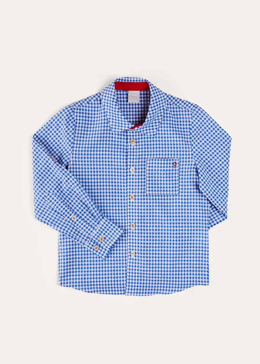 Carlisle Gingham Polo Collar Long Sleeve Shirt in Blue (4-10yrs) SHIRTS from Pepa London US