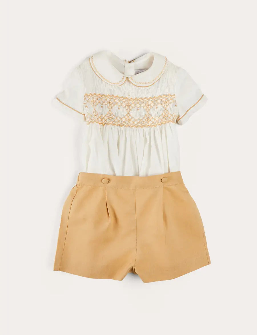 Hand Smocked Peter Pan Collar Short Sleeve Two Piece Set in Beige (18mths-6yrs) TWO PIECE SETS from Pepa London US