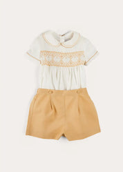 Hand Smocked Peter Pan Collar Short Sleeve Two Piece Set in Beige (18mths-6yrs) TWO PIECE SETS from Pepa London US