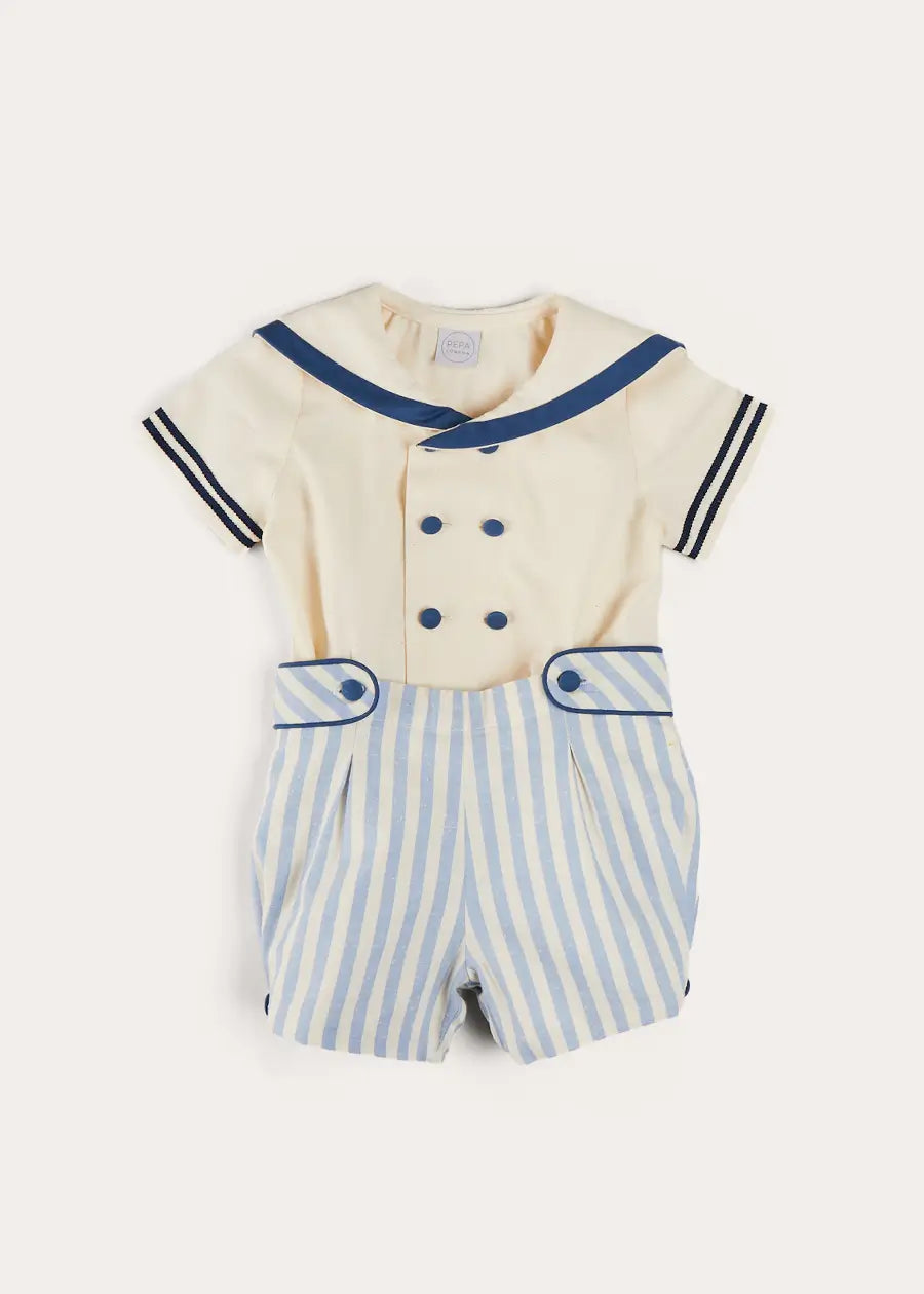 Regency Stripe Mariner Collar Two Piece Set With Bloomers in Blue (6mths-3yrs) TWO PIECE SETS from Pepa London US