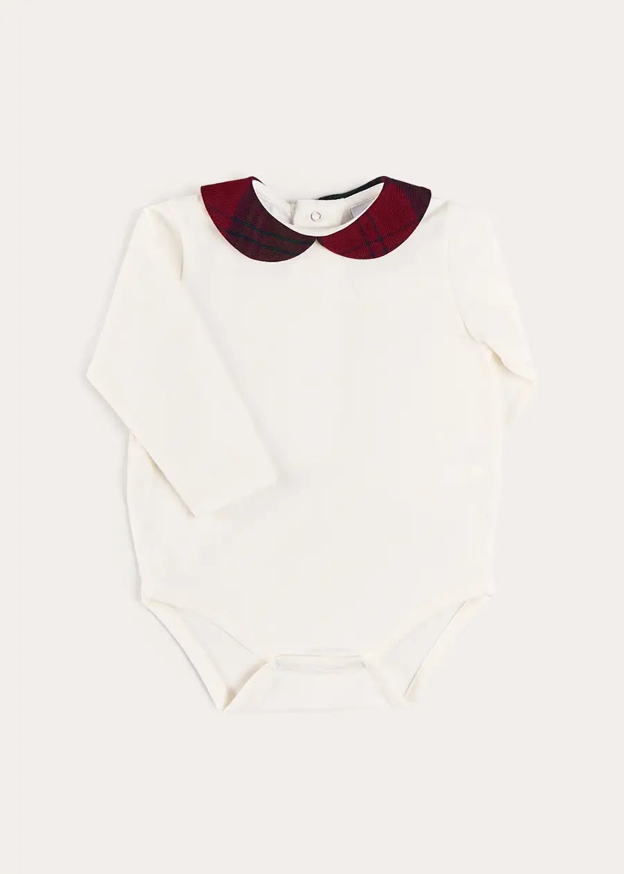 Grovesnor Tartan Collar Long Sleeve Bodysuit in Red (1mth-3yrs) Tops & Bodysuits from Pepa London US