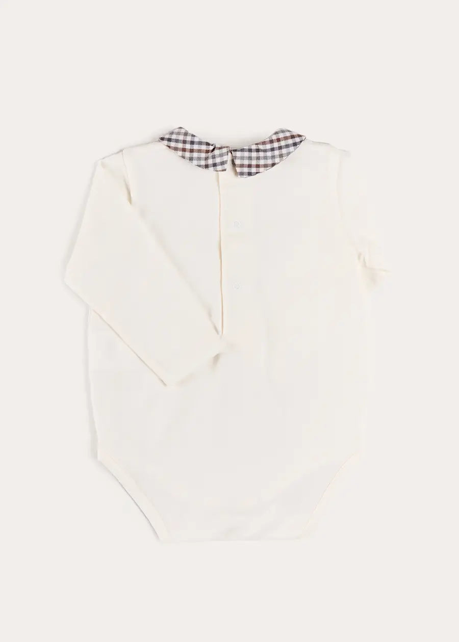 Cadogan Houndstooth Collar Long Sleeve Bodysuit in Brown (1mth-3yrs) Tops & Bodysuits from Pepa London US