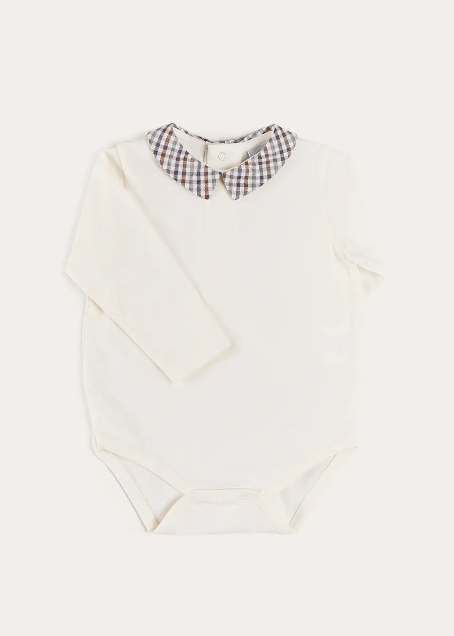 Cadogan Houndstooth Collar Long Sleeve Bodysuit in Brown (1mth-3yrs) Tops & Bodysuits from Pepa London US
