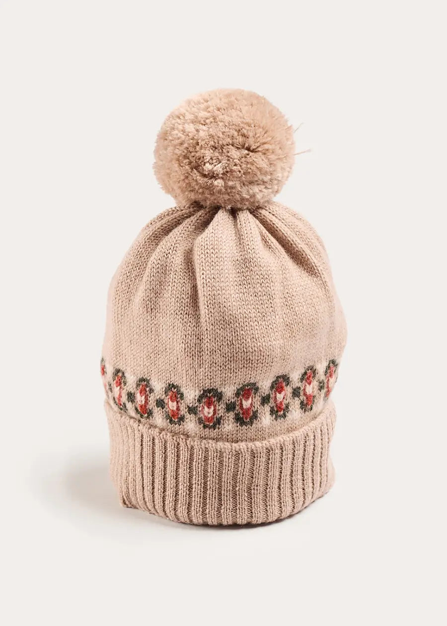 Fair Isle Knitted Pom Pom Hat in Camel (S-L) KNITTED ACCESSORIES from Pepa London US
