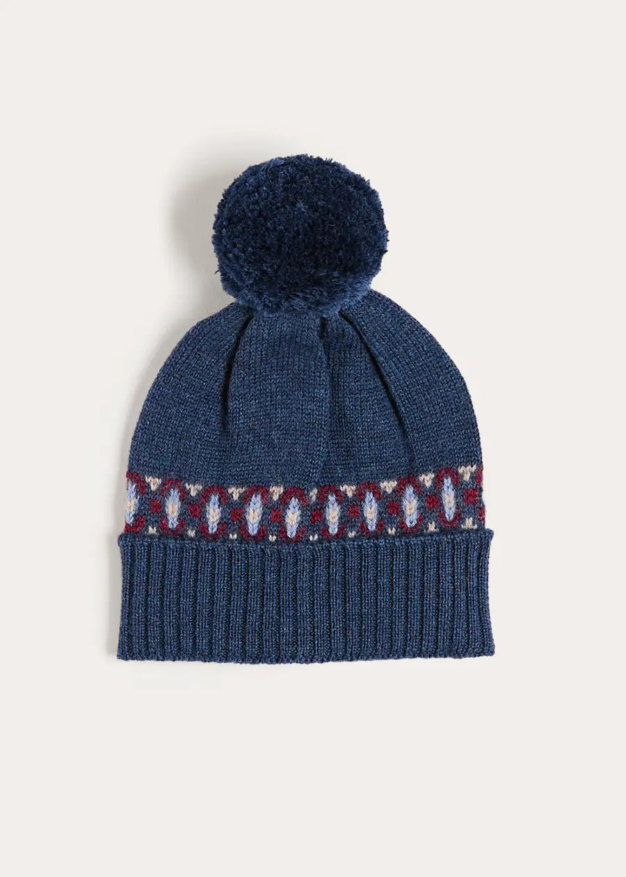 Fair Isle Knitted Pom Pom Hat in Navy (S-L) Knitted Accessories from Pepa London US
