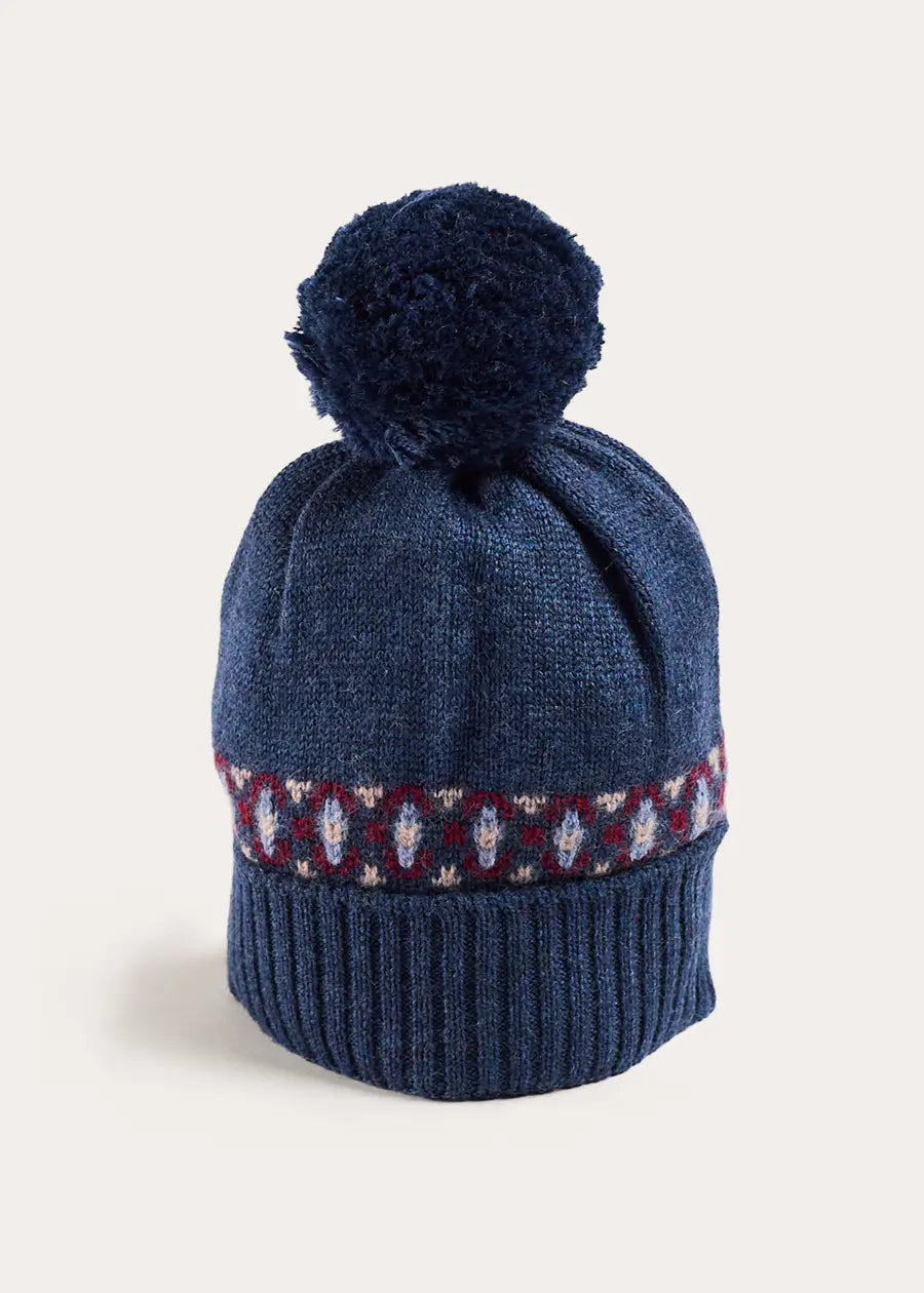 Fair Isle Knitted Pom Pom Hat in Navy (S-L) Knitted Accessories from Pepa London US
