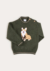Corgi Embroidered Button Detail Jumper in Green (18mths-10yrs) Knitwear from Pepa London US