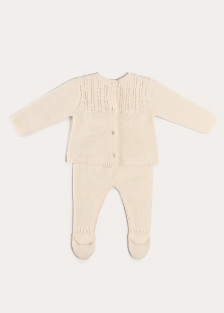 Cashmere Long Sleeve Cable Knitted Set in Cream (1mth-12mths) Knitted Sets from Pepa London US