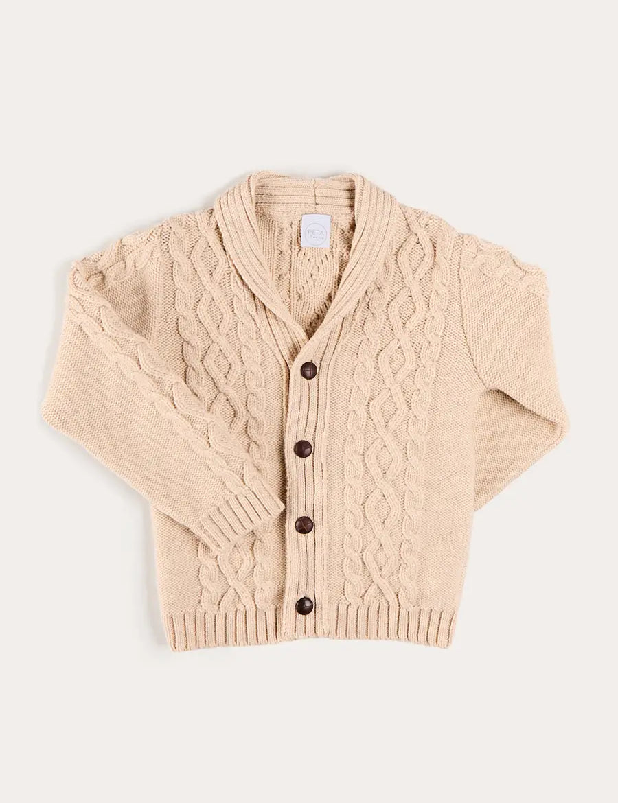 Cable Knit Shawl Neck Cardigan in Camel (2-10yrs) Knitwear from Pepa London US