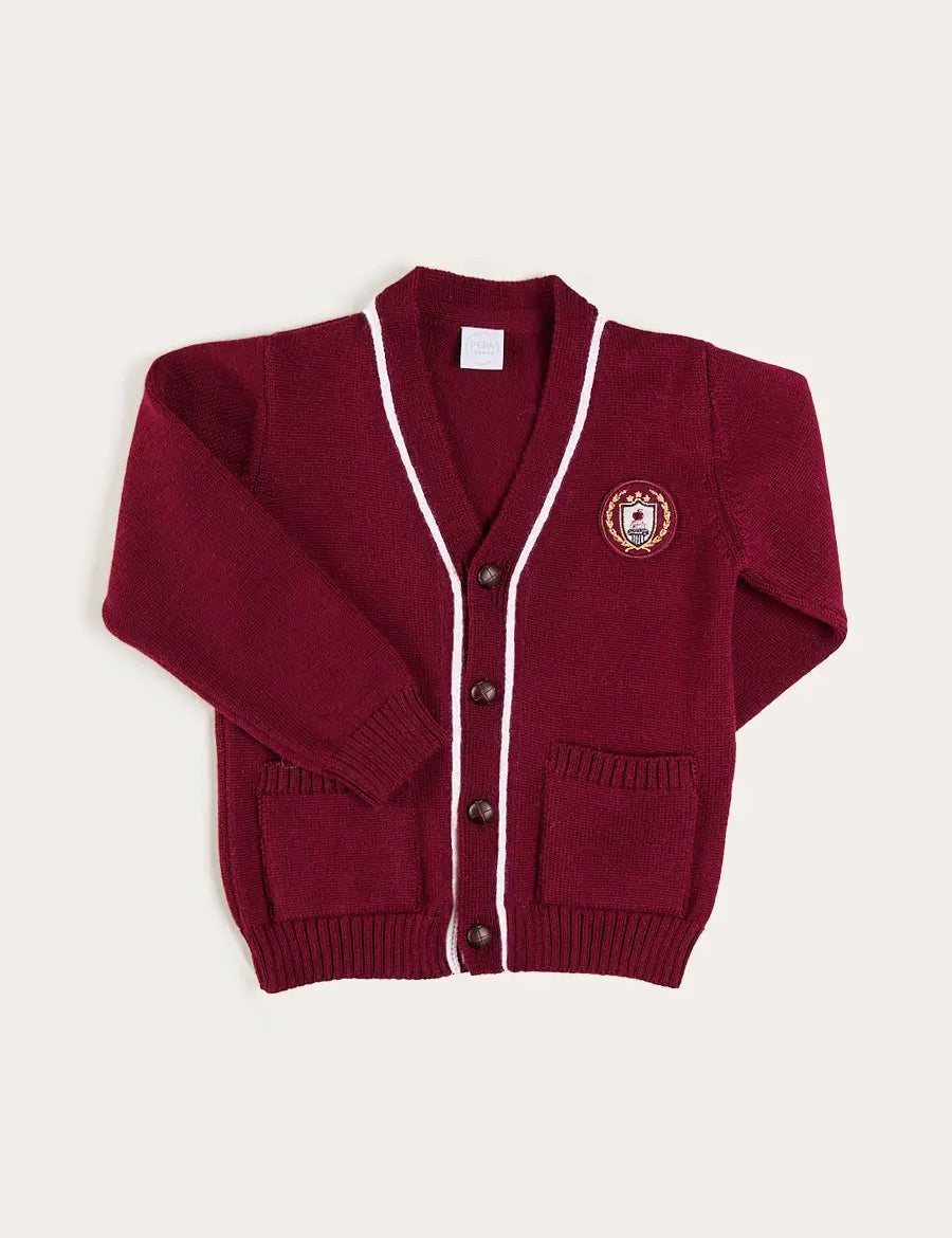 Apple Crest Pocket Detail with White Trim Cardigan in Burgundy (3-10yrs) Knitwear from Pepa London US