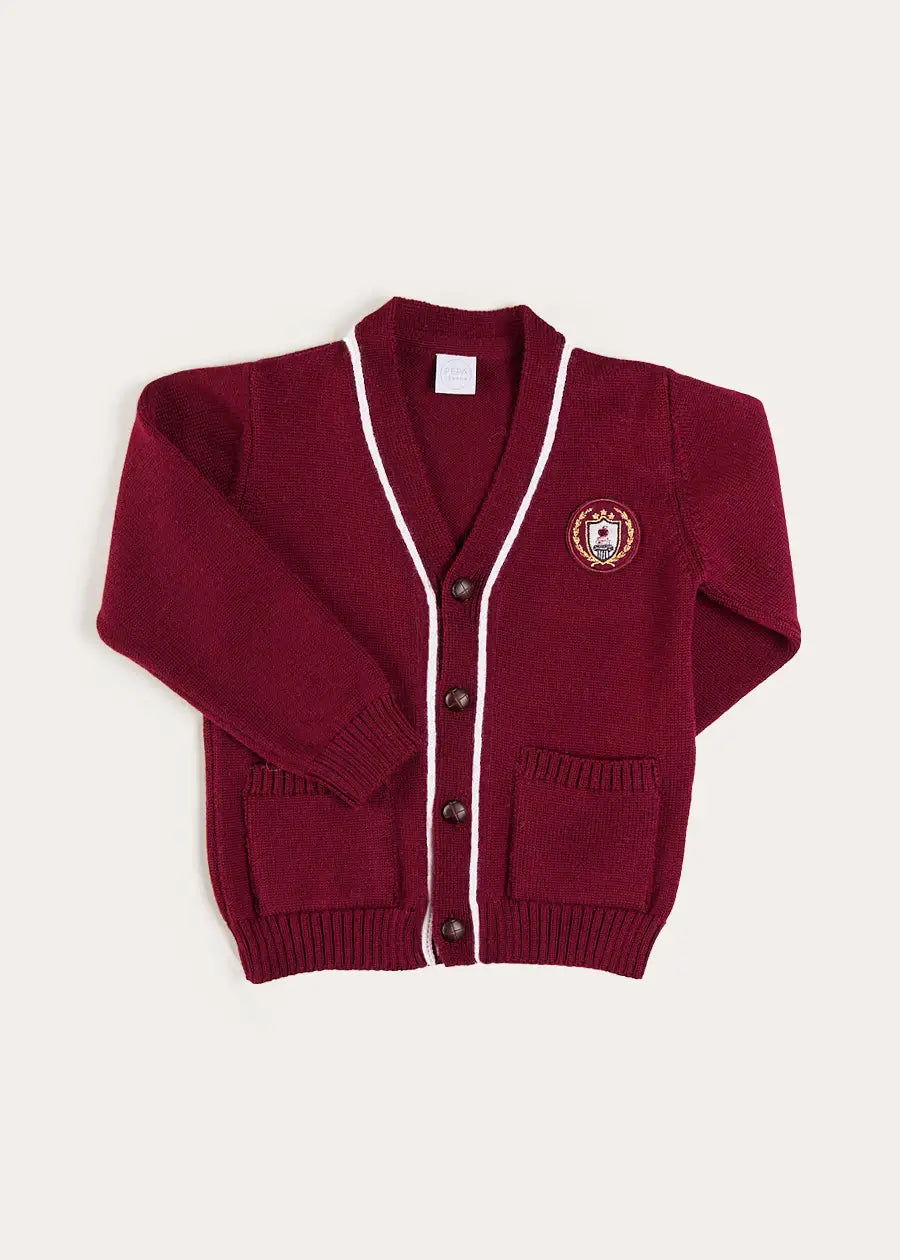Apple Crest Pocket Detail with White Trim Cardigan in Burgundy (3-10yrs) Knitwear from Pepa London US