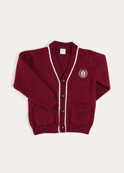 Apple Crest Pocket Detail with White Trim Cardigan in Burgundy (3-10yrs) Knitwear from Pepa London US