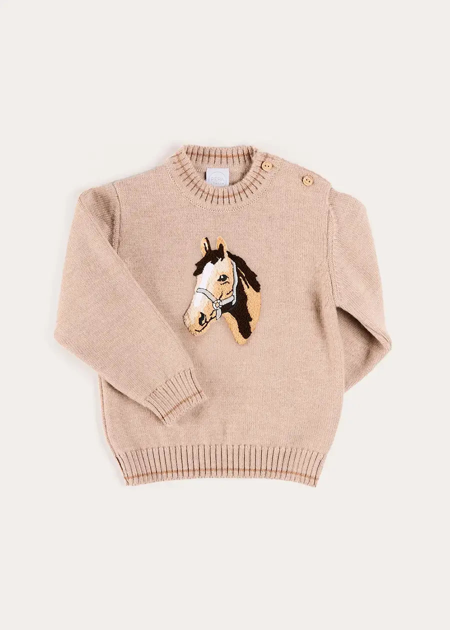 Horse Embroidered Button Detail Jumper in Beige (18mths-10yrs) Knitwear from Pepa London US