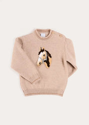Horse Embroidered Button Detail Jumper in Beige (18mths-10yrs) Knitwear from Pepa London US