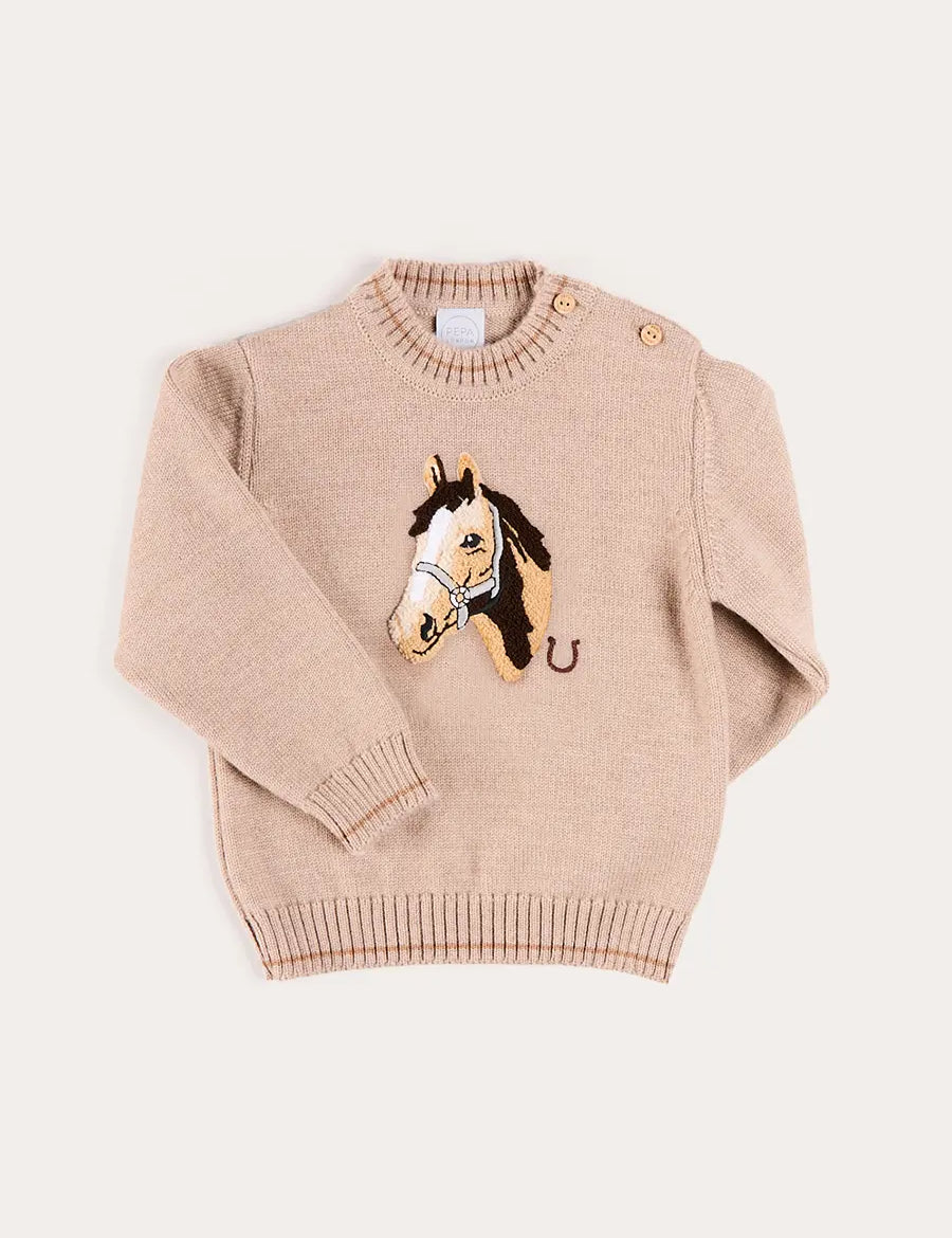 Horse Embroidered Button Detail Jumper in Beige (18mths-10yrs) Knitwear from Pepa London US