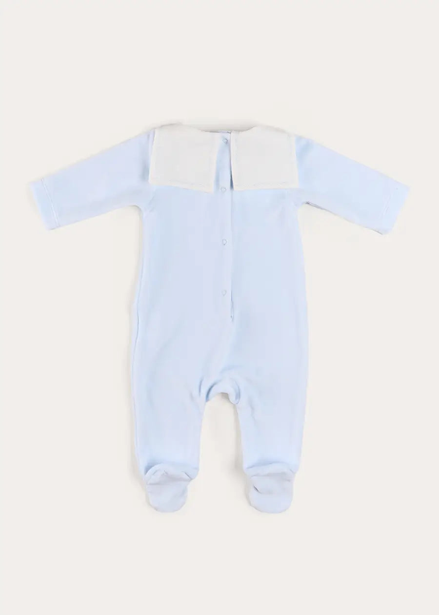 Floral Detail Embroidered Collar Velour All In One in Blue (1mth-12mths) #N/A from Pepa London US