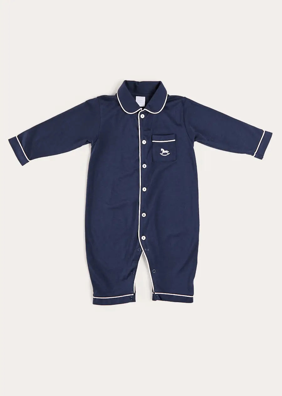 Rocking Horse Embroidered Pima Cotton All In One Pyjamas in Navy (6mths-3yrs) NIGHTWEAR from Pepa London US