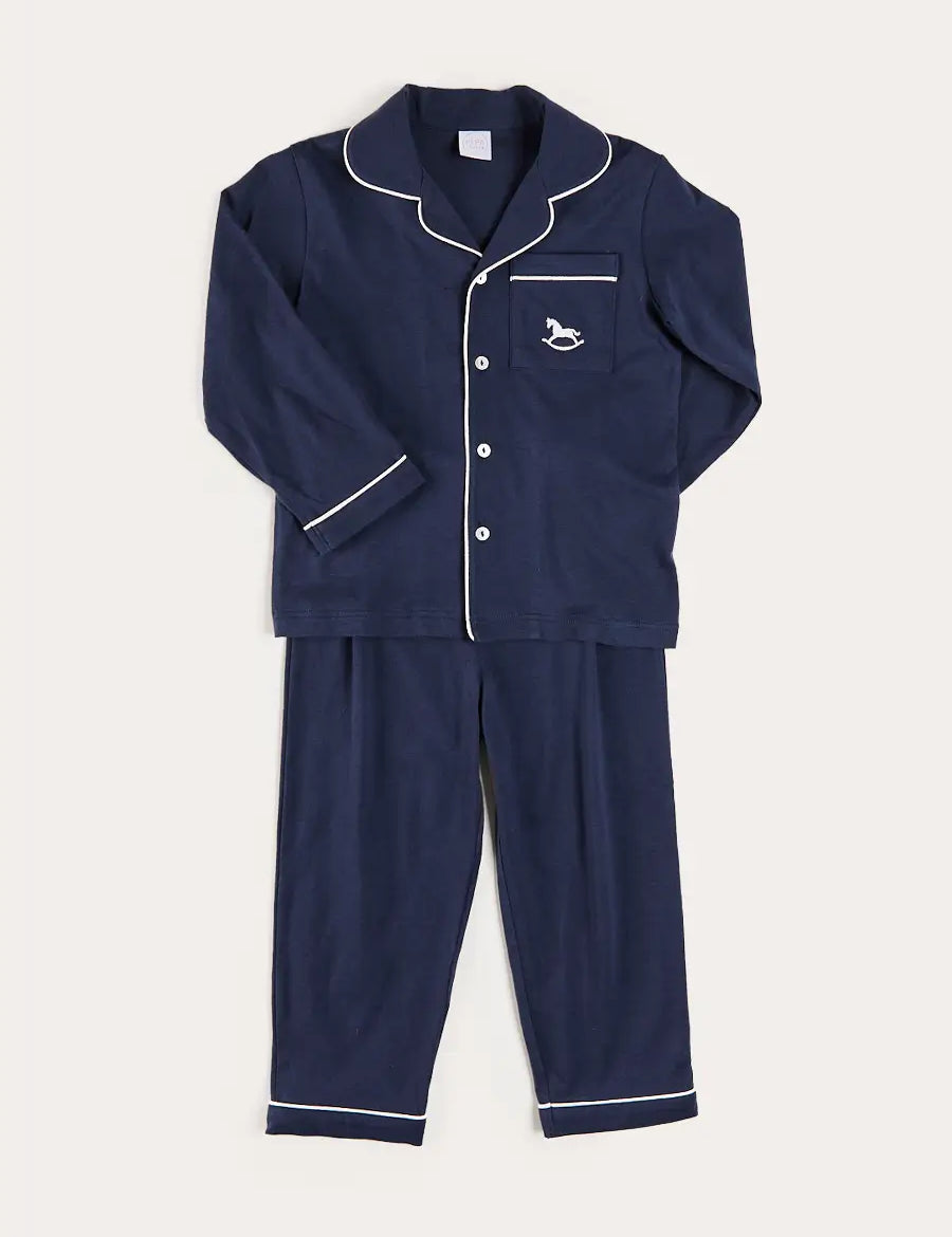 Rocking Horse Embroidered Pocket Detail Long Sleeve Pyjamas in Navy (18mths-10yrs) Nightwear from Pepa London US