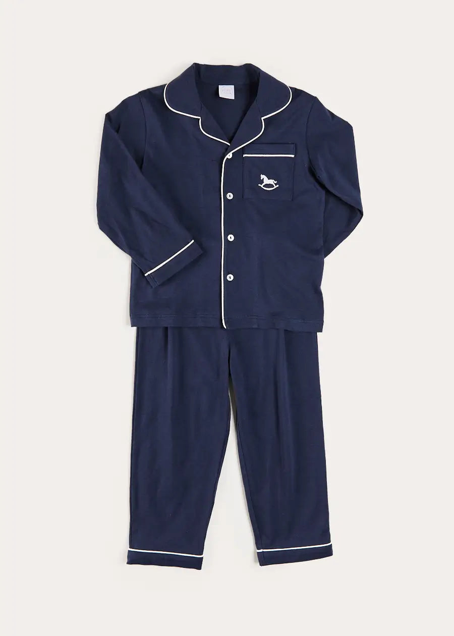 Rocking Horse Embroidered Pocket Detail Long Sleeve Pyjamas in Navy (18mths-10yrs) Nightwear from Pepa London US