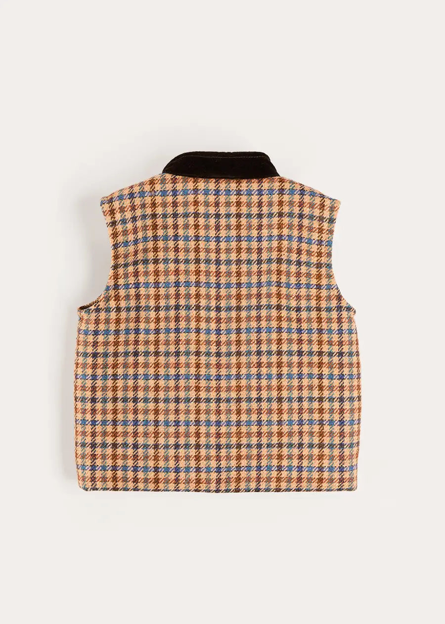 Vincent Check Velvet Collar Pocket Detail Vest Gillet in Brown (4-10yrs) Coats from Pepa London US