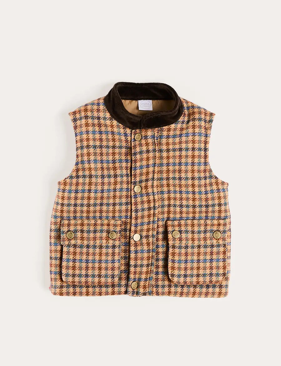 Vincent Check Velvet Collar Pocket Detail Vest Gillet in Brown (4-10yrs) Coats from Pepa London US