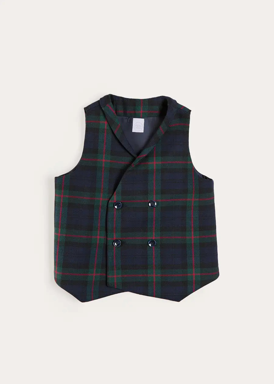 Kinnerton Tartan Double Breasted Waist Coat Vest in Green (4-10yrs) Coats from Pepa London US