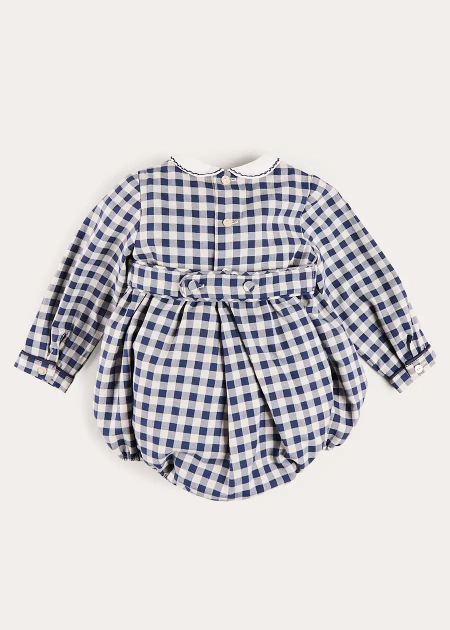 Draycott Check Peter Pan Collar Long Sleeve Romper in Blue (6mths-3yrs) Rompers from Pepa London US