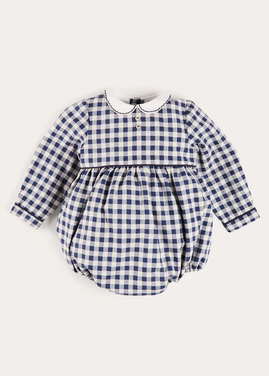 Draycott Check Peter Pan Collar Long Sleeve Romper in Blue (6mths-3yrs) Rompers from Pepa London US