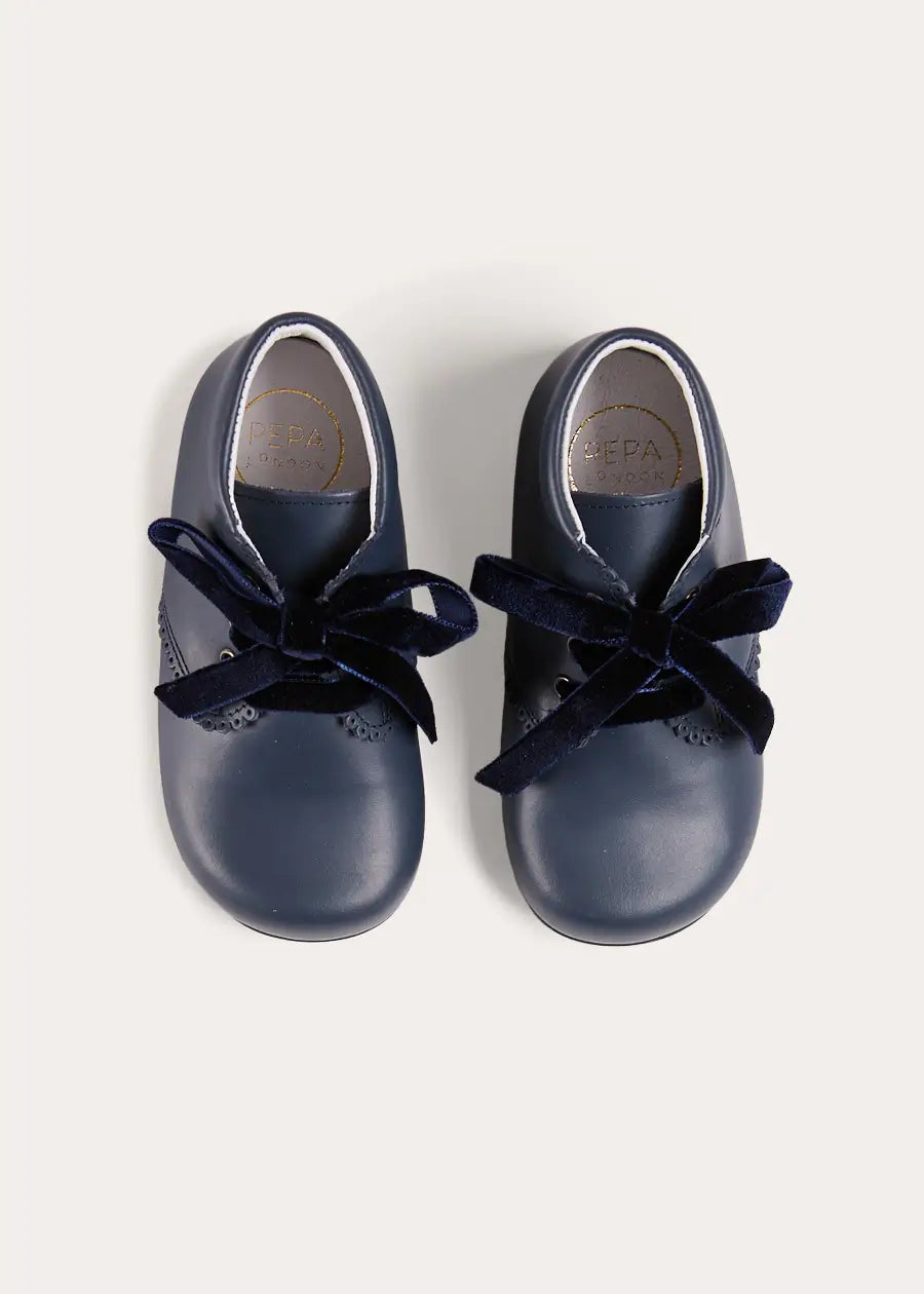 Leather Velvet Ribbon Lace Up Booties in Navy (17-26EU) Shoes from Pepa London US