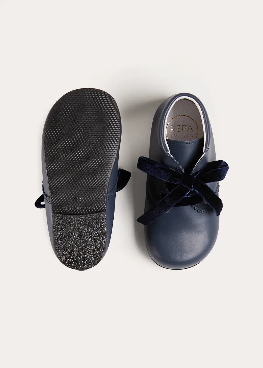 Leather Velvet Ribbon Lace Up Booties in Navy (17-26EU) Shoes from Pepa London US