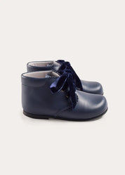 Leather Velvet Ribbon Lace Up Booties in Navy (17-26EU) Shoes from Pepa London US