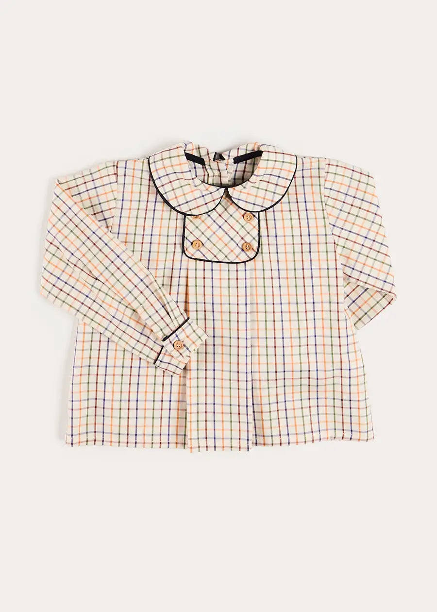 Rutland Check Double Breasted Long Sleeve Shirt in Beige (12mths-4yrs) Shirts from Pepa London US